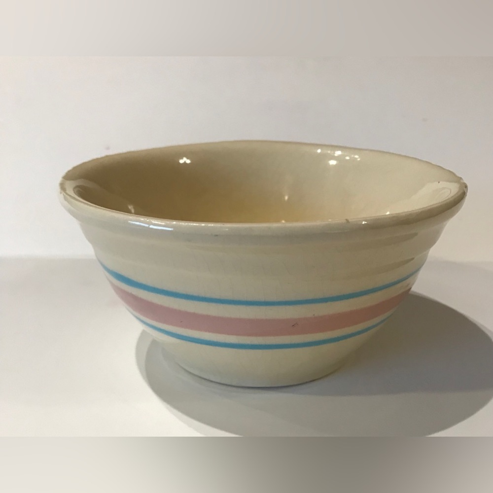Vintage Oven Proof USA 6” Pottery Mixing Bowl Blue & Pink Stripe